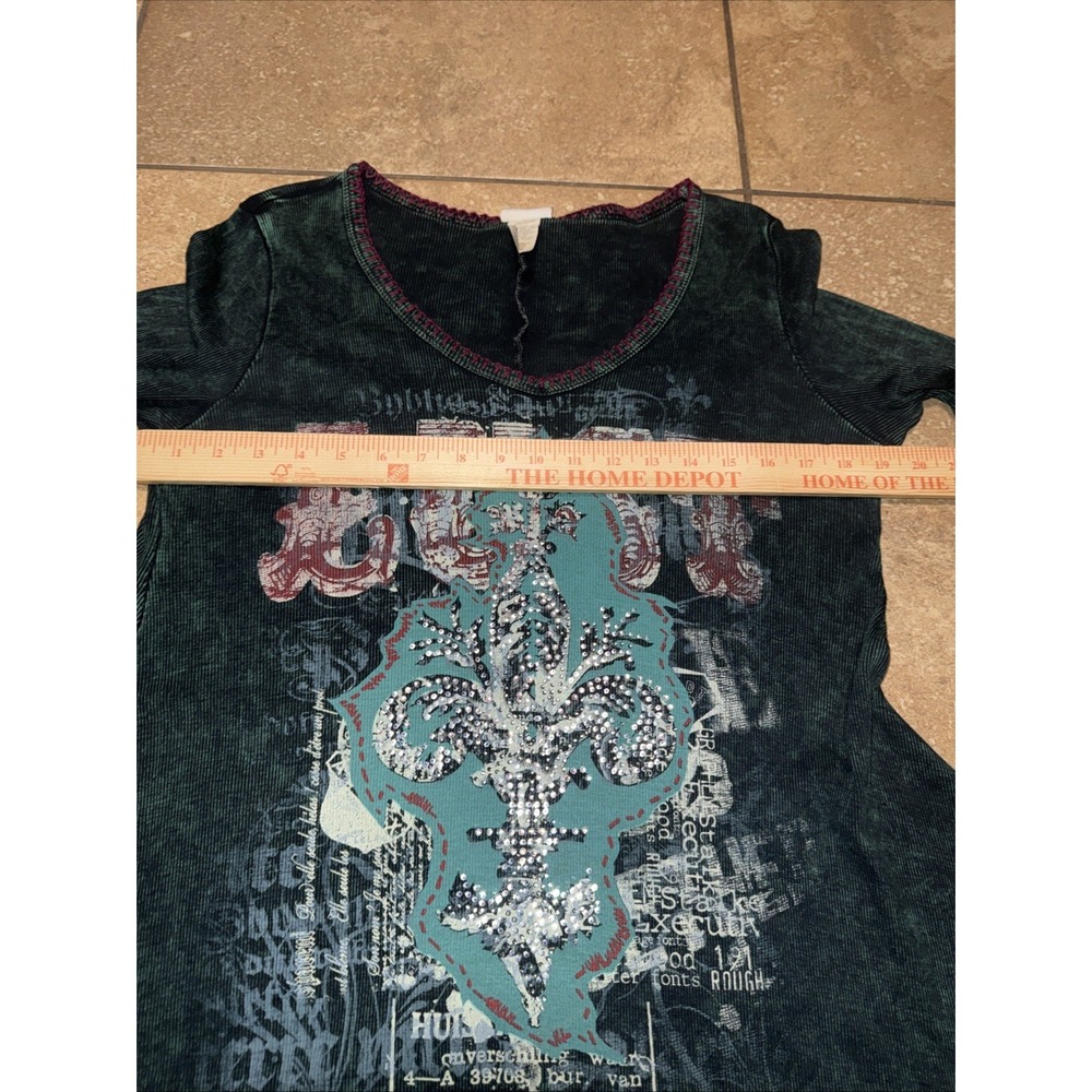 Vintage Women's Lust Embelished Dark Green Long Sleeve Tunic Y2K Grunge Fairy - Picture 9 of 10
